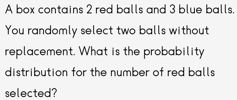 A box contains 2 red balls and 3 blue balls. 
You randomly select two balls without 
replacement. What is the probability 
distribution for the number of red balls 
selected?