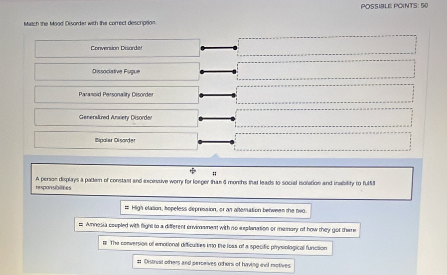 POSSIBLE POINTS: 50
Match the Mood Disorder with the correct description.
Conversion Disorder
Dissociative Fugue
Paranoid Personality Disorder
Generalized Anxiety Disorder
Bipolar Disorder
::
A person displays a pattern of constant and excessive worry for longer than 6 months that leads to social isolation and inability to fulfill
responsibilities
: High elation, hopeless depression, or an alternation between the two.
: Amnesia coupled with flight to a different environment with no explanation or memory of how they got there
:: The conversion of emotional difficulties into the loss of a specific physiological function
: Distrust others and perceives others of having evil motives