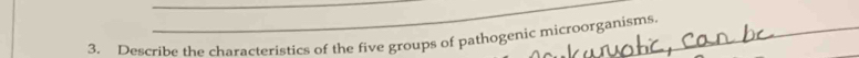 Describe the characteristics of the five groups of pathogenic microorganisms.