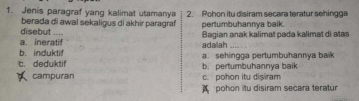 Jenis paragraf yang kalimat utamanya 2. Pohon itu disiram secara teratur sehingga
berada di awal sekaligus di akhir paragraf pertumbuhannya baik.
disebut ....
Bagian anak kalimat pada kalimat di atas
a. ineratif
adalah_
b. induktif
a. sehingga pertumbuhannya baik
c. deduktif
b. pertumbuhannya baik
campuran c. pohon itu dişiram
a pohon itu disiram secara teratur