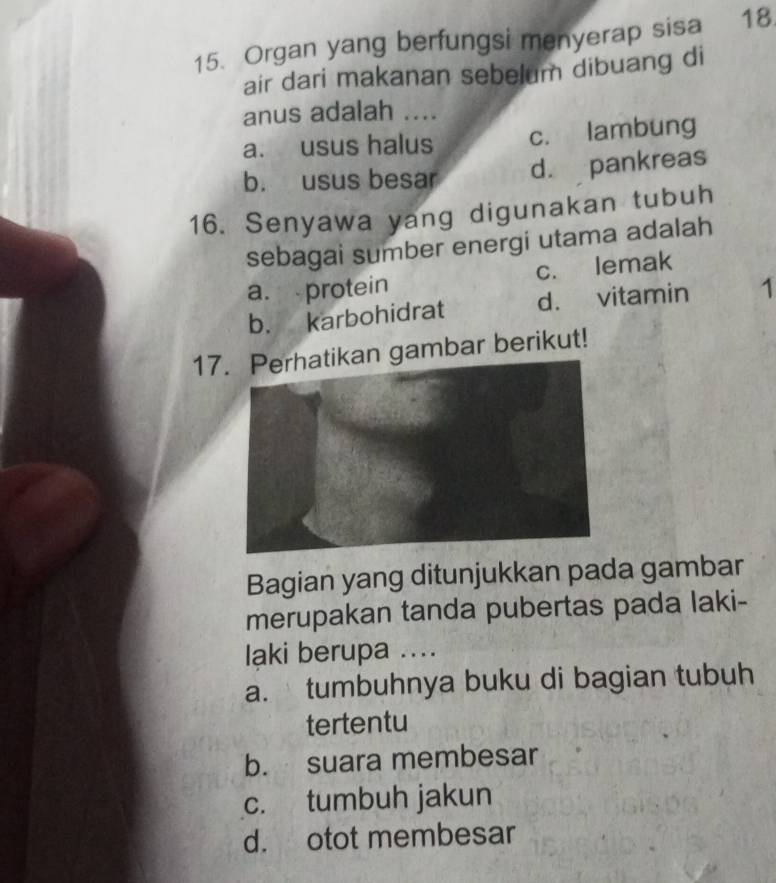 Organ yang berfungsi menyerap sisa 18.
air dari makanan sebelum dibuang di
anus adalah ....
a. usus halus c. lambung
b. usus besar d. pankreas
16. Senyawa yang digunakan tubuh
sebagai sumber energi utama adalah
a. protein c. lemak
b. karbohidrat d. vitamin 1
17an gambar berikut!
Bagian yang ditunjukkan pada gambar
merupakan tanda pubertas pada laki-
laki berupa ....
a. tumbuhnya buku di bagian tubuh
tertentu
b. suara membesar
c. tumbuh jakun
d. otot membesar