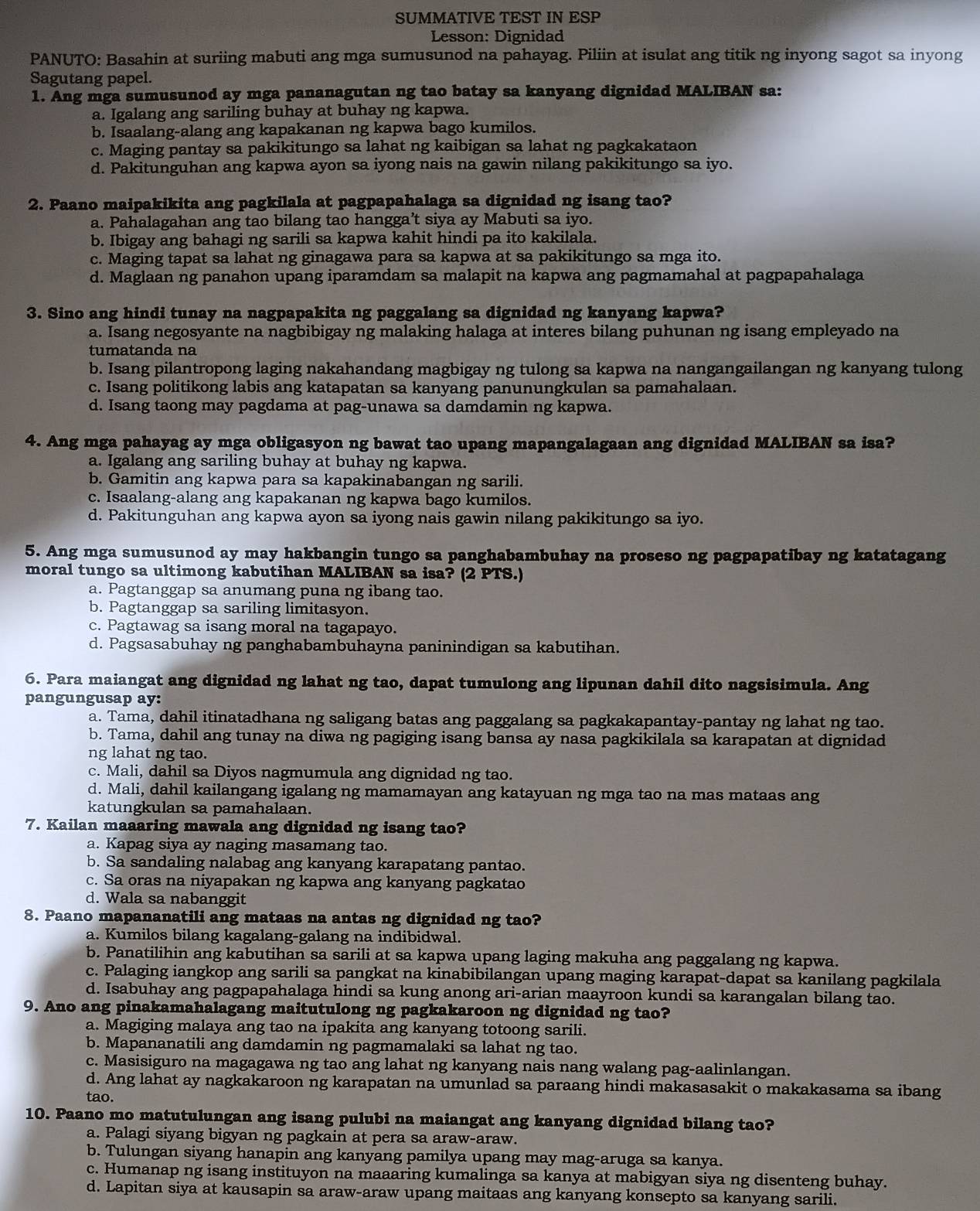 Solved: SUMMATIVE TEST IN ESP Lesson: Dignidad PANUTO: Basahin at ...