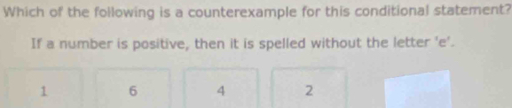 Which of the following is a counterexample for this conditional statement?
If a number is positive, then it is spelled without the letter 'e'.
1 6 4 2