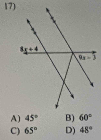 45° B)
C) 65° D) 48°