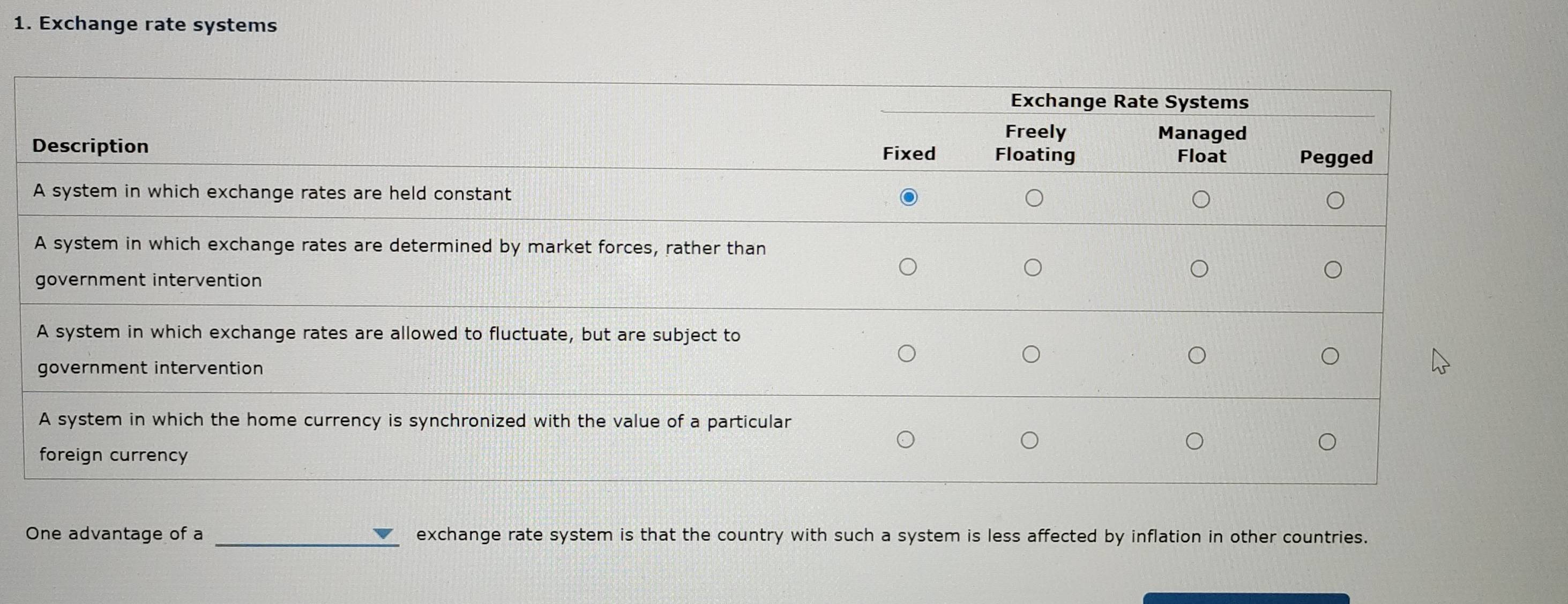 Exchange rate systems 
One advantage of a _exchange rate system is that the country with such a system is less affected by inflation in other countries.