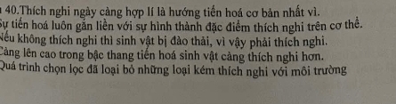 a 40.Thích nghi ngày càng hợp lí là hướng tiền hoá cơ bản nhất vì. 
Sự tiền hoá luôn gắn liền với sự hình thành đặc điểm thích nghi trên cơ thể. 
Nếu không thích nghi thì sinh vật bị đào thải, vì vậy phải thích nghi. 
Cảng lên cao trong bậc thang tiến hoá sinh vật càng thích nghi hơn. 
Quá trình chọn lọc đã loại bỏ những loại kém thích nghi với môi trường