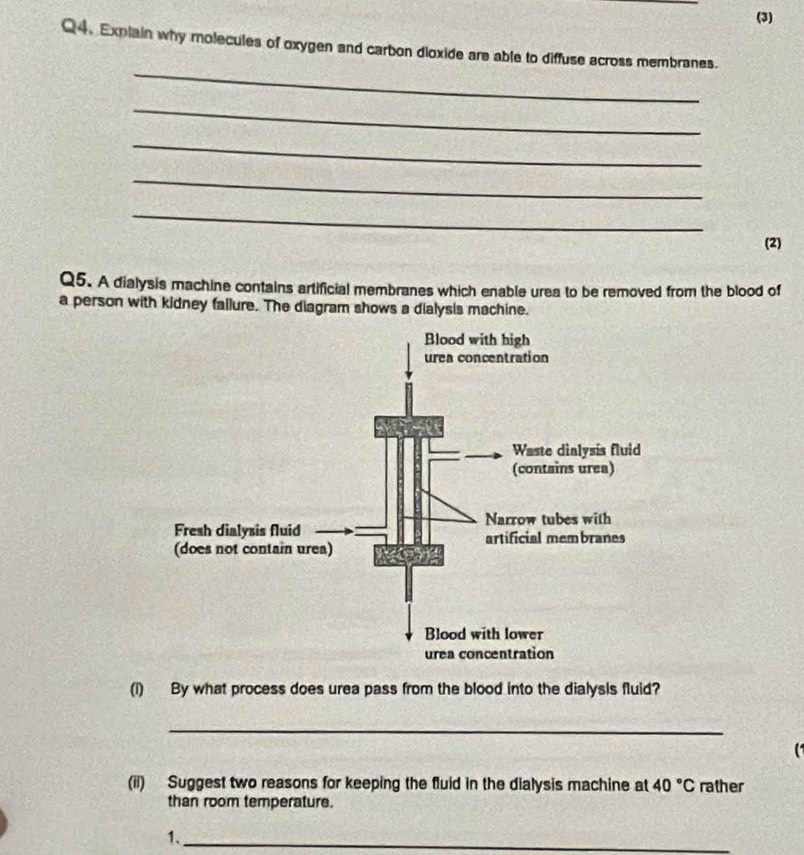 (3) 
Q4. Explain why molecules of oxygen and carbon dioxide are able to diffuse across membranes. 
_ 
_ 
_ 
_ 
_ 
(2) 
Q5. A dialysis machine contains artificial membranes which enable urea to be removed from the blood of 
a person with kidney failure. The diagram shows a dialysis machine. 
(i) By what process does urea pass from the blood into the dialysis fluid? 
_ 
( 
(ii) Suggest two reasons for keeping the fluid in the dialysis machine at 40°C rather 
than room temperature. 
1._