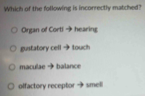 Which of the following is incorrectly matched?
Organ of Corti hearing
gustatory cell touch
maculae balance
olfactory receptor smell