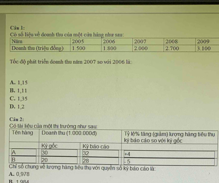 Có số li về 
Tốc độ phát triển doanh thu năm 2007 so với 2006 là:
A. 1, 15
B. 1, 11
C. 1,35
D. 1, 2
Câu 2:
Có tài liệu 
uyền số kỷ báo cáo là:
A. 0,978
B. 1 984