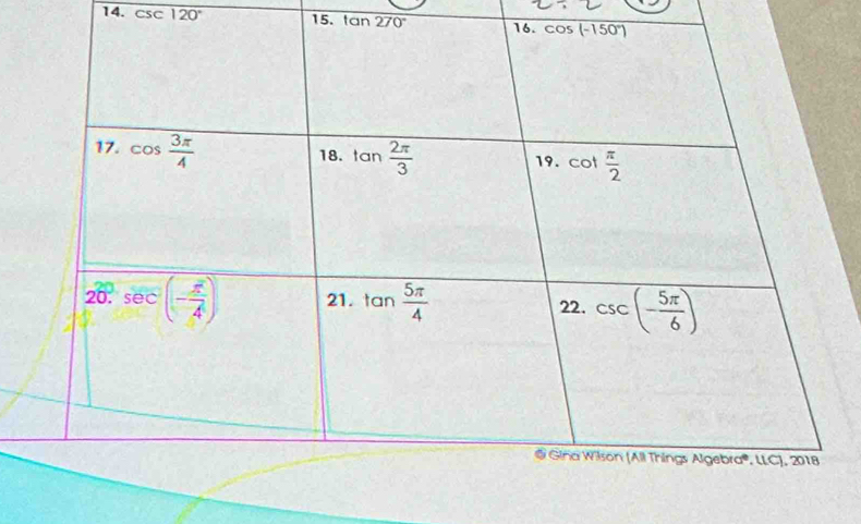 csc 120° 15. tan 270° 16.