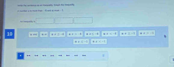 srte the sentence as an inequality Graph the Inequaslity.
A rusmber z is more than - 6 and at most - 1
An inequality is."  4/3 
10 = end 12.0° nx≥ -6 x=x>-6 □ x≤ -6 x nx≥ -1 =x>-1
=x≤ -1 ::z .