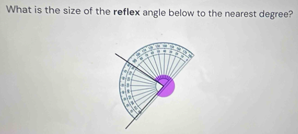 What is the size of the reflex angle below to the nearest degree? 
Thể 140
50 4 3 1
yba 79 a 
φ 
a 
a
3 8
a 
a 
a 
a