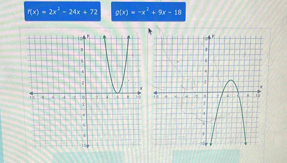 f(x)=2x^2-24x+72 g(x)=-x^2+9x-18