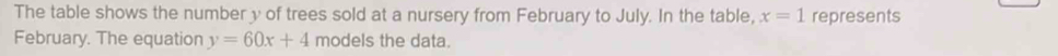 The table shows the number y of trees sold at a nursery from February to July. In the table, x=1 represents 
February. The equation y=60x+4 models the data.