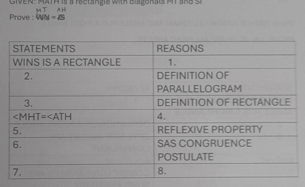 GIVEN: MATH is a rectangle with diagonals MT and Si
MT AH
Prove : VW X =∠ S