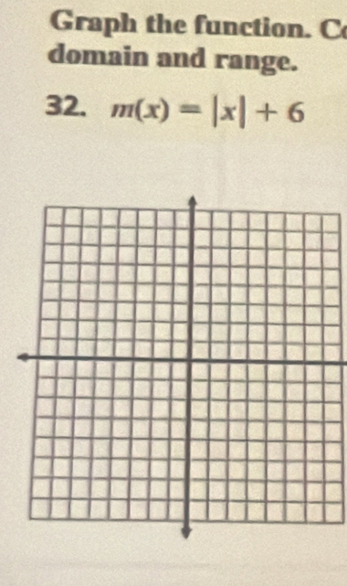 Graph the function. C 
domain and range. 
32. m(x)=|x|+6