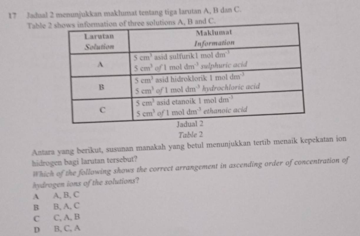 Jadual 2 menunjukkan maklumat tentang tiga larutan A, B dan C.
Table 2
Table 2
Antara yang berikut, susunan manakah yang betul menunjukkan tertib menaik kepekatan ion
hidrogen bagi larutan tersebut?
Which of the following shows the correct arrangement in ascending order of concentration of
hydrogen ions of the solutions?
A A, B, C
B B, A, C
C C, A, B
D B, C, A