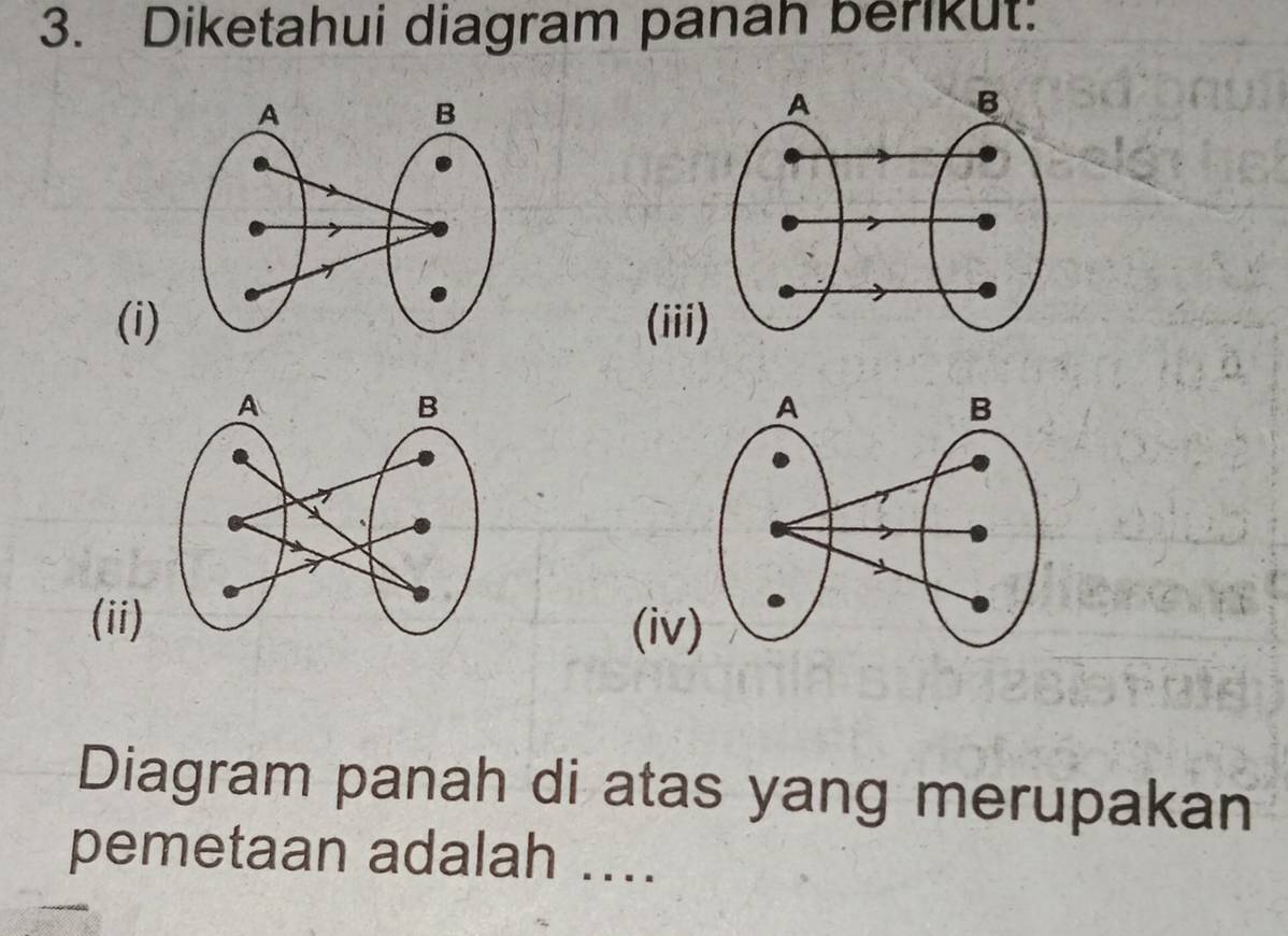 Diketahui diagram panah berikut: 
(i)(iii 
(ii)(iv 
Diagram panah di atas yang merupakan 
pemetaan adalah ....