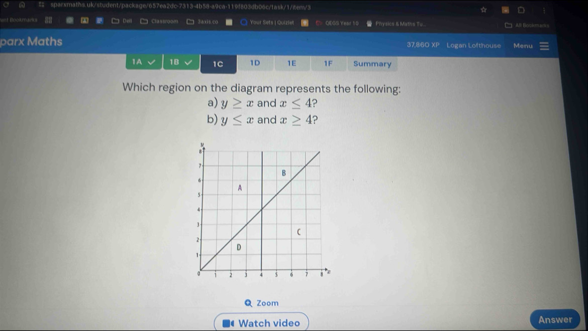 # sparxmaths.uk/student/package/657ea2dc-7313-4b58-a9ca-119f803db06c/task/1/item/3 
ent Bookmarks Dell Classroom 3axis.co Your Sets | Quizlet QEGS Year 10 Physics & Maths Tu.. All Bookmarks 
parx Maths 37,860 XP Logan Lofthouse Menu 
1A 1B 1C 1D 1E 1F Summary 
Which region on the diagram represents the following: 
a) y≥ x and x≤ 4 ? 
b) y≤ x and x≥ 4
Zoom 
Watch video Answer