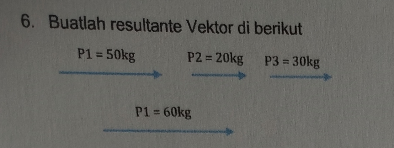 Buatlah resultante Vektor di berikut
P1=50kg
P2=20kg P3=30kg
P1=60kg