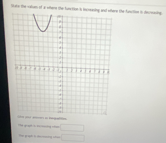 State the values of x where the function is increasing and where the function is decreasing.
answers as inequalities.
The graph is increasing when □
The graph is decreasing when □