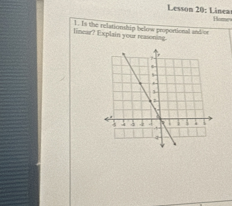 Lesson 20: Linear 
Home 
1. Is the relationship below proportional and/or 
linear? Explain your reasoning.