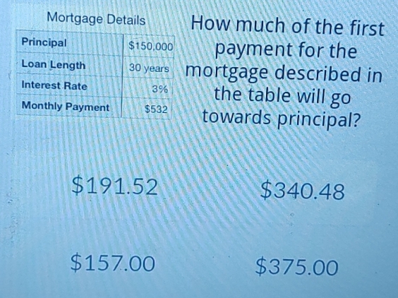 Mortgage Details How much of the first
payment for the
mortgage described in
the table will go
towards principal?
$191.52 $340.48
$157.00 $375.00