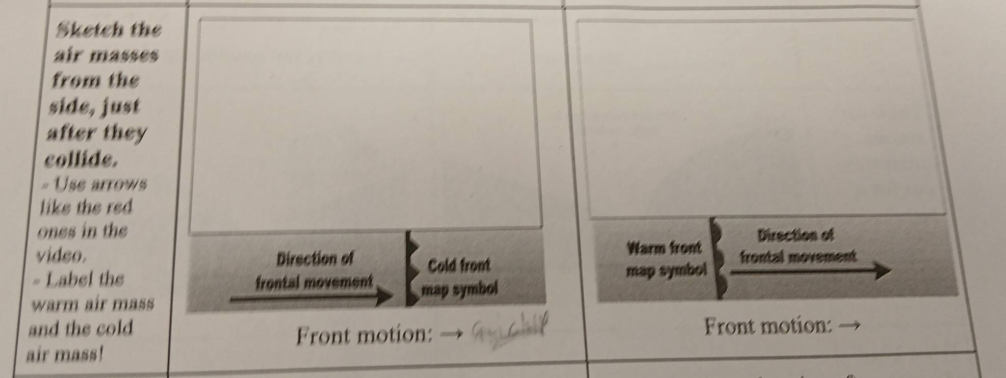 Sketch the 
air masses 
from the 
side, just 
after they 
collide. 
= Use arrows 
like the red 
ones in the Direction of 
Warm front 
video. Direction of frontal movement 
Cold front 
- Label the frontal movement 
map symbol 
warm air mass map symbol 
and the cold Front motion: 
Front motion: 
air mass!