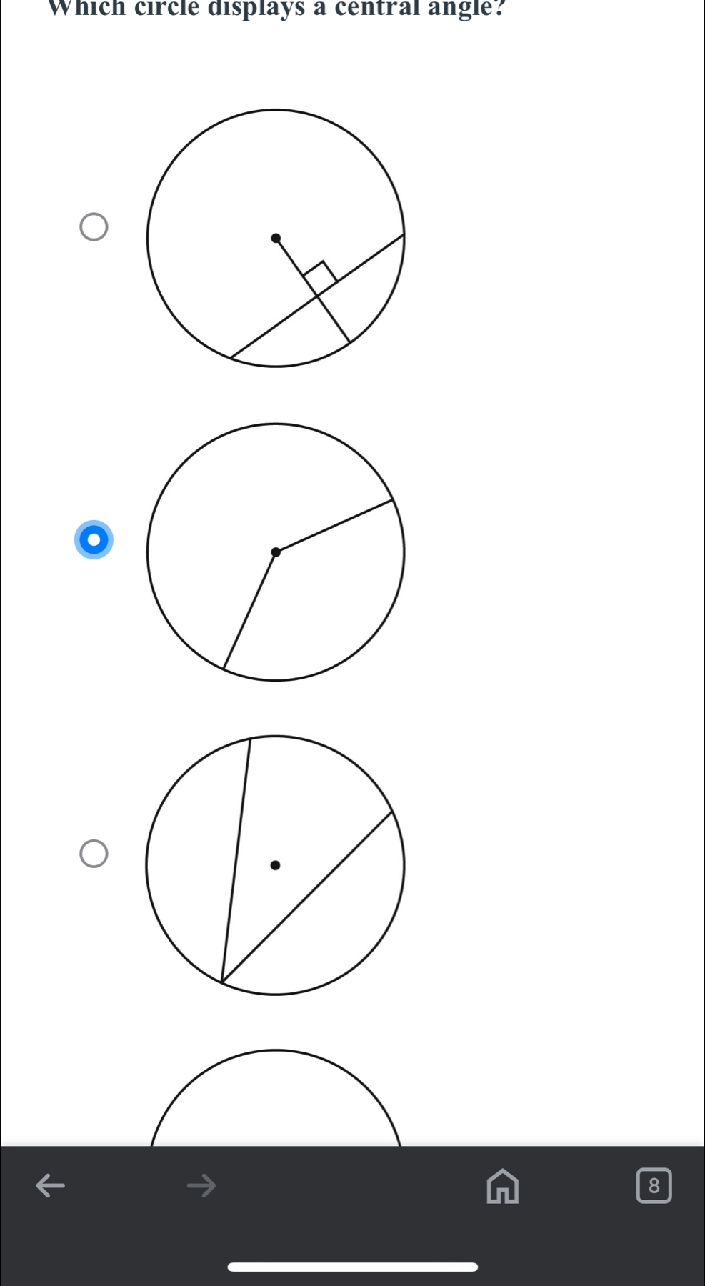 Which circle displays a central angle?
8