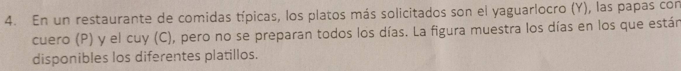 En un restaurante de comidas típicas, los platos más solicitados son el yaguarlocro (Y), las papas con 
cuero (P) y el cuy (C), pero no se preparan todos los días. La figura muestra los días en los que están 
disponibles los diferentes platillos.