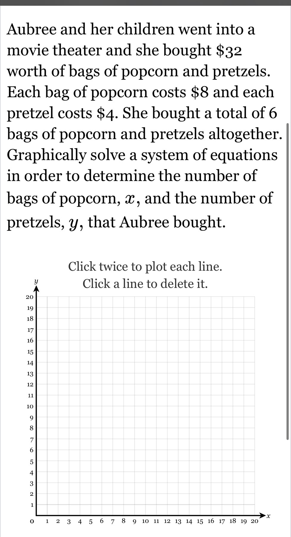 Aubree and her children went into a 
movie theater and she bought $32
worth of bags of popcorn and pretzels. 
Each bag of popcorn costs $8 and each 
pretzel costs $4. She bought a total of 6
bags of popcorn and pretzels altogether. 
Graphically solve a system of equations 
in order to determine the number of 
bags of popcorn, x, and the number of 
pretzels, y, that Aubree bought. 
Click twice to plot each line.