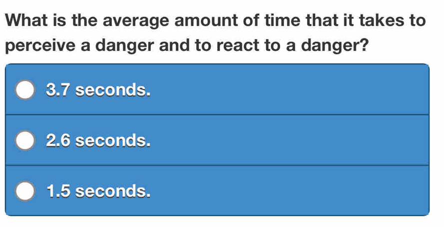 What is the average amount of time that it takes to
perceive a danger and to react to a danger?
3.7 seconds.
2.6 seconds.
1.5 seconds.