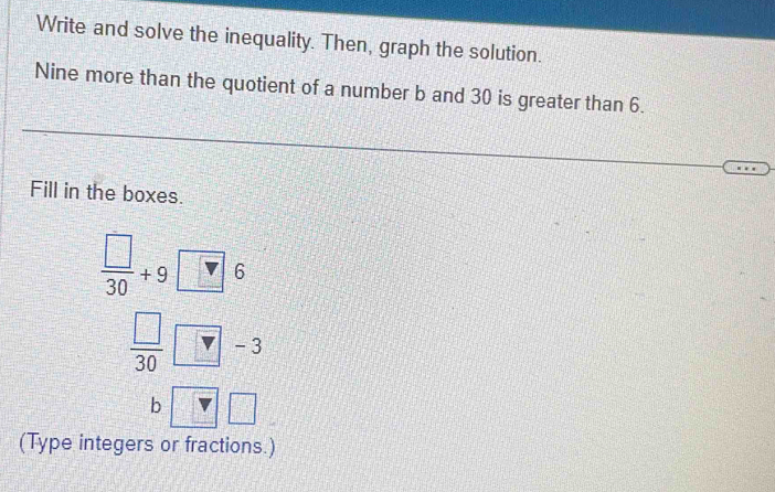 Write and solve the inequality. Then, graph the solution. 
Nine more than the quotient of a number b and 30 is greater than 6. 
Fill in the boxes.
 □ /30 +9□ 6
 □ /30  ? - 3
b □ □
(Type integers or fractions.)