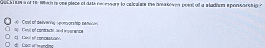 of 10: Which is one piece of data necessary to calculate the breakeven point of a stadium sponsorship?
a) Cost of delivering sponsorship services
b) Cost of contracts and insurance
c) Cost of concessions
d) Cost of branding