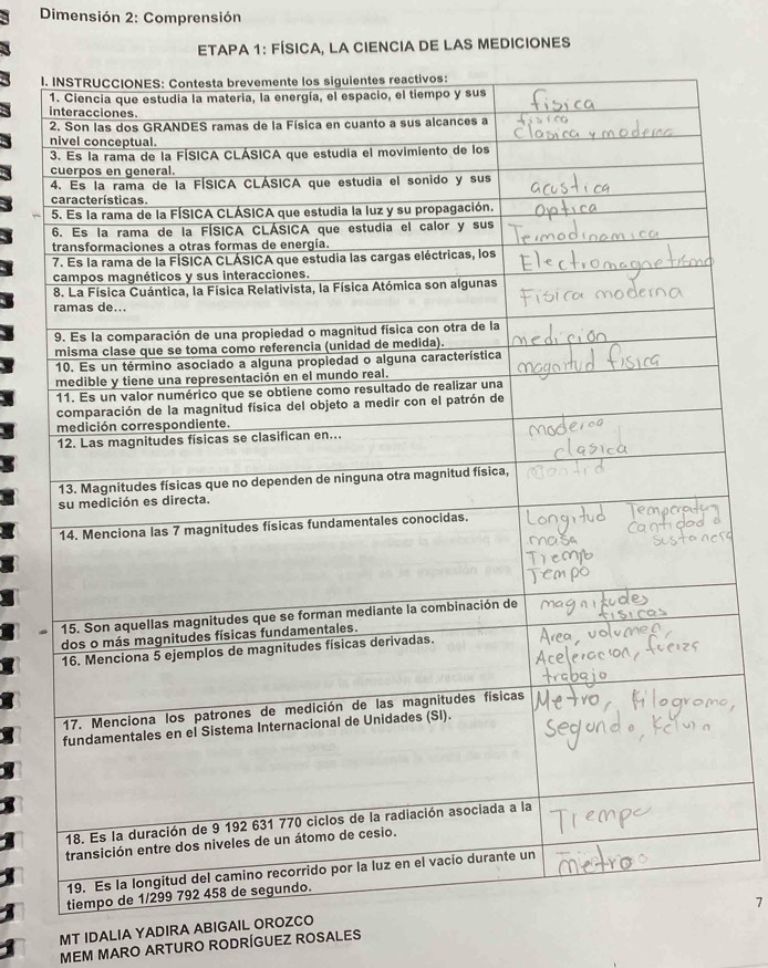 Dimensión 2: Comprensión 
ETAPA 1: FÍSICA, LA CIENCIA DE LAS MEDICIONES 
I. 
MT IDALIA YADIRA ABIGAIL OROZCO 
MEM MARO ARTURO RODRÍGUEZ ROSALES7