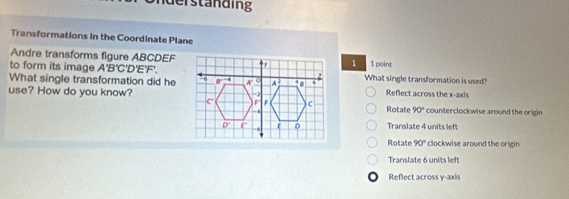 derstanding
Transformations in the Coordinate Plane
Andre transforms figure ABCDEF
1
to form its image A'B'C'D'E'F'. 1 point
What single transformation did he What single transformation is used?
use? How do you know?Reflect across the x-axis
Rotate 90° counterclockwise around the origin
Translate 4 units left
Rotate 90° clockwise around the origin
Translate 6 units left
Reflect across y-axis