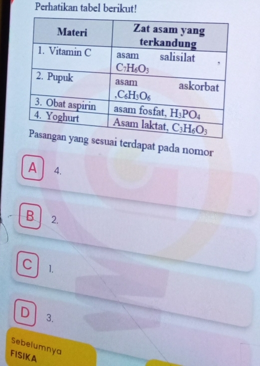 Perhatikan tabel berikut!
uai terdapat pada nomor
A4.
B 2.
C 1.
D 3.
Sebelumnya
FISIKA