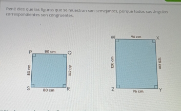 René dice que las figuras que se muestran son semejantes, porque todos sus ángulos 
correspondientes son congruentes.