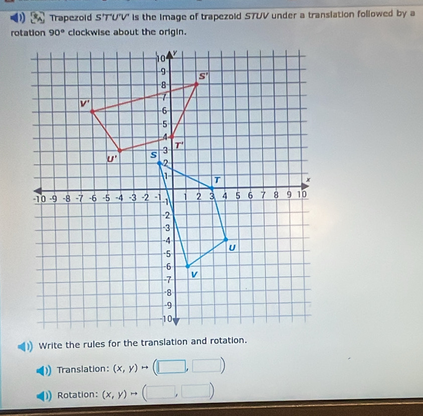 Trapezold S'T'U'V' is the Image of trapezoid STUV under a translation followed by a
90° clockwise about the origin.
Write the rules for the translation and rotation.
Translation: (x,y) to (□ ,□ )
Rotation: (x,y)to (□ ,□ )