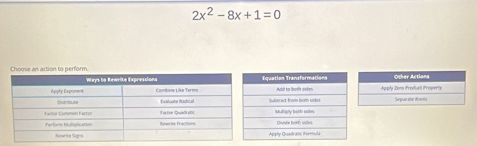 2x^2-8x+1=0
Other Actions
Apply Zero Product Property
Separate Roots