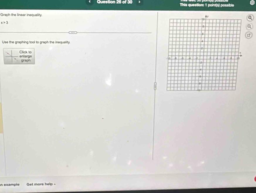 This question: 1 point(s) possible 
Graph the linear inequality. 
Q
x>3
a 
C 
Use the graphing tool to graph the inequality. 
Click to 
enlarge 
graph 
n example Get more help -