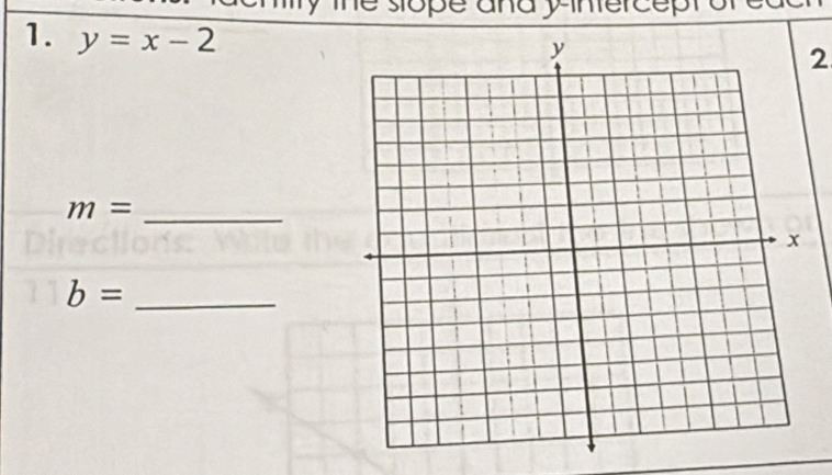 sope and y intercept 
1. y=x-2
2
m= _
b= _