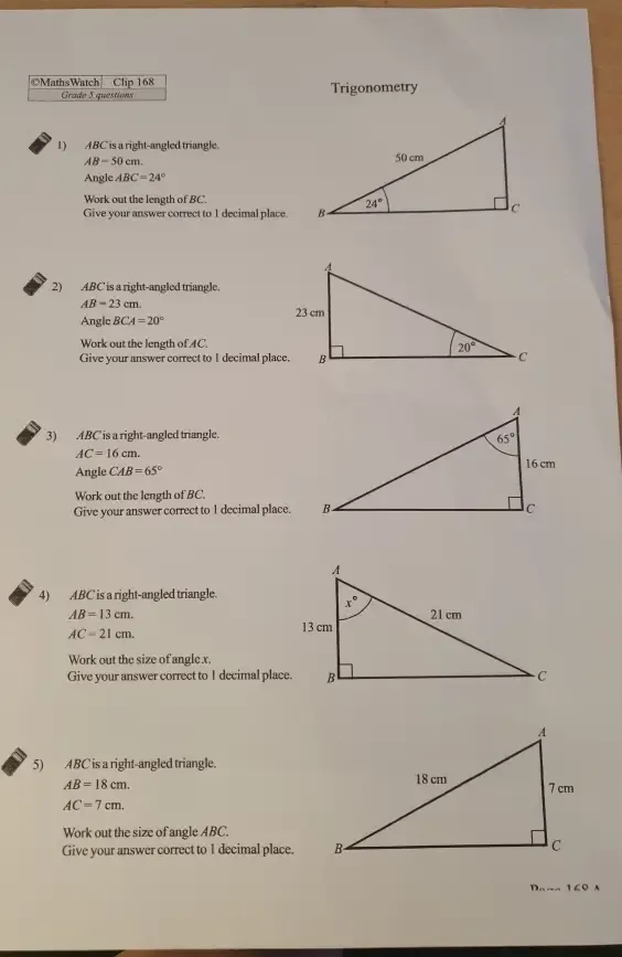 Solved: MathsWatch Clip 168 Grade 5 questions Trigonometry 1) ABC is a ...