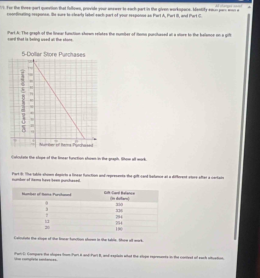 All changes saved 
19. For the three-part question that follows, provide your answer to each part in the given workspace. Identify each part with a 
coordinating response. Be sure to clearly label each part of your response as Part A, Part B, and Part C. 
Part A: The graph of the linear function shown relates the number of items purchased at a store to the balance on a gift 
card that is being used at the store. 
Calculate the slope of the linear function shown in the graph. Show all work. 
Part B: The table shown depicts a linear function and represents the gift card balance at a different store after a certain 
number of items have been purchased. 
Calculate the slope of the linear function shown in the table. Show all work. 
Part C: Compare the slopes from Part A and Part B, and explain what the slope represents in the context of each situation. 
Use complete sentences.