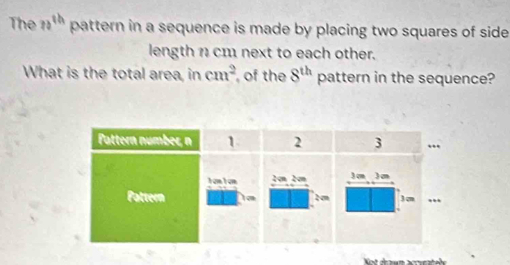 The 20^(th) pattern in a sequence is made by placing two squares of side 
length n cm next to each other. 
What is the total area, in cm^2 of the 8^(th) pattern in the sequence?