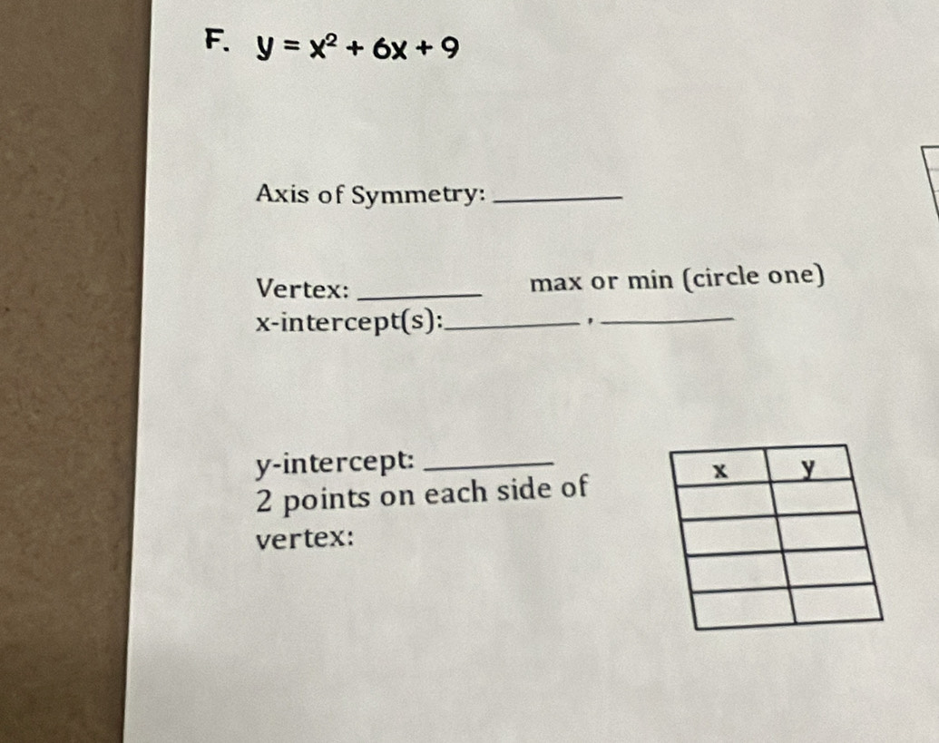 y=x^2+6x+9
Axis of Symmetry:_ 
Vertex: _max or min (circle one) 
x-intercept(s):_ ,_ 
y-intercept: _ 
2 points on each side of 
vertex: