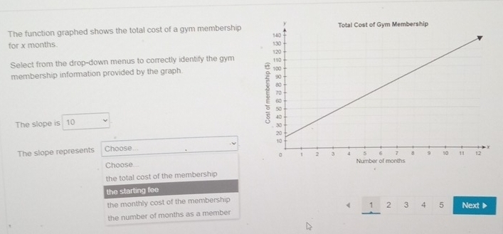 The function graphed shows the total cost of a gym membership
for x months.
Select from the drop-down menus to correctly identify the gym 
membership information provided by the graph. 
The slope is 10
The slope represents Choose... 
Choose
the total cost of the membership
the starting fee
the monthly cost of the membership
the number of months as a member < 1  2 3 4 5 Next▶