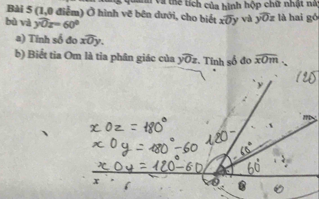 Quanh và thể tích của hình hộp chữ nhật na 
Bài 5 (1,0 điểm) Ở hình vẽ bên dưới, cho biết xoverline Oy và ywidehat Oz là hai gó 
bù và ywidehat Ox=60°
a) Tinh số đo xwidehat Oy. 
b) Biết tia Om là tia phân giác của ywidehat Oz Tỉnh 6°b^circ  ão widehat xOm
ν