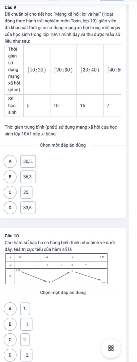 Để chuẩn bị cho tiết học “Mạng xã hội: lợi và hại” (Hoạt
động thực hành trải nghiệm môn Toán, lớp 10), giáo viên
đã khảo sát thời gian sử dụng mạng xã hội trong một ngày
của học sinh trong lớp 10A1 mình dạy và thu được mẫu số
iệu như sau:
Thời gian trung bình (phút) sử dụng mạng xã hội của học
sinh lớp 10A1 xấp xỉ bằng
Chọn một đáp án đúng
A 30,5.
B 36,3.
C 35.
D 33,6.
Câu 10
Cho hàm số bậc ba có bảng biến thiên như hình vẽ dưới
đây. Giá trị cực tiểu của hàm số là
Chọn một đáp án đúng
A 1.
B -1.
C 2.
8
D -2.