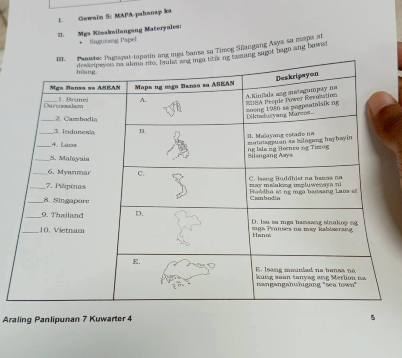 Gawain 5: MAPA-pahanap ka 
II. Mga Kinakailangang Materyales: 
. Sagutang Papel 
ang mga bansa sa Timog Silangang Asya sa mapa at 
ng sagot bago ang bawat 
Araling Panlipunan 7 Kuwarter 4 5